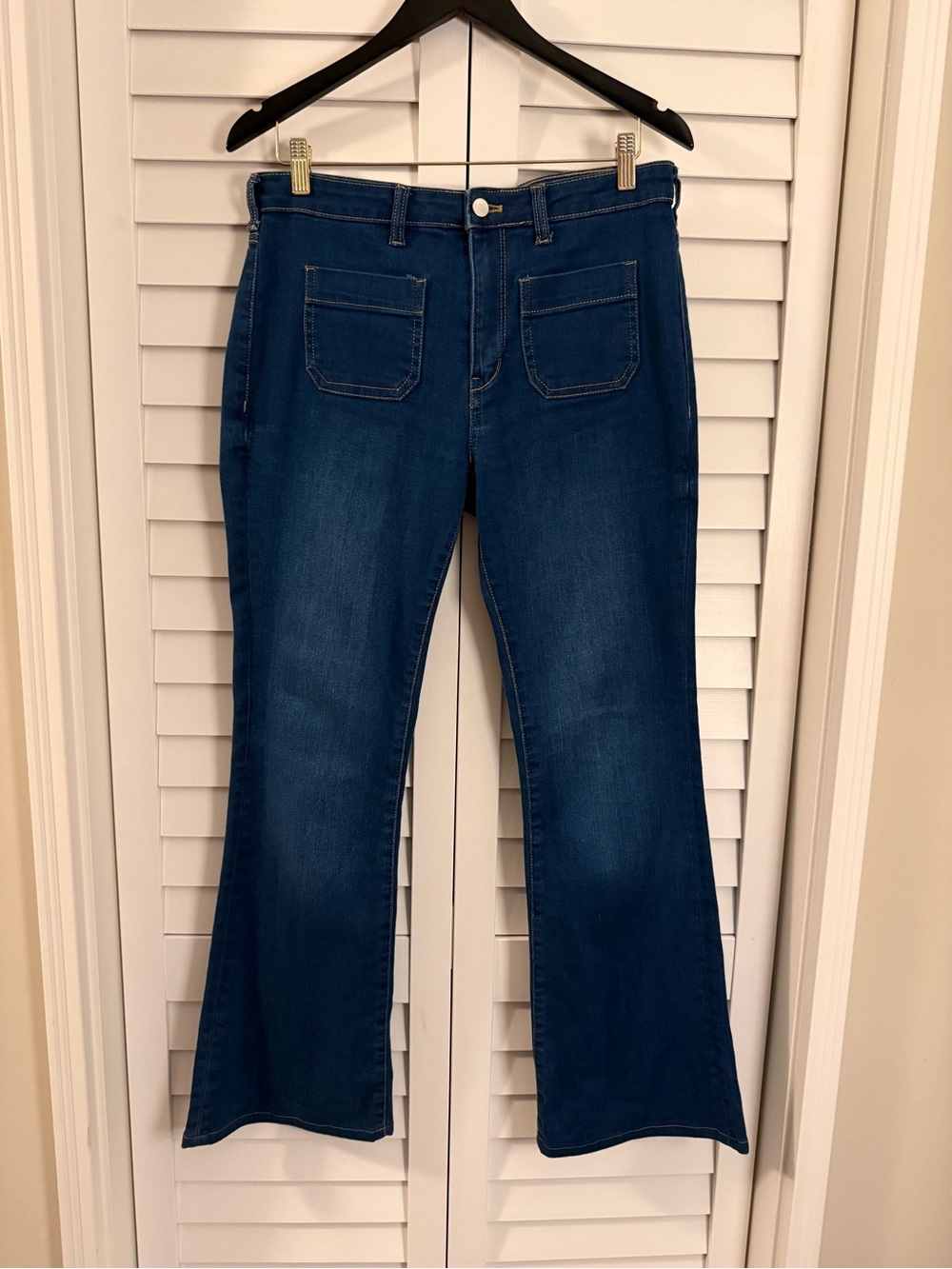 Pilcro Dark Blue Flared Jeans with Front Patch Pockets